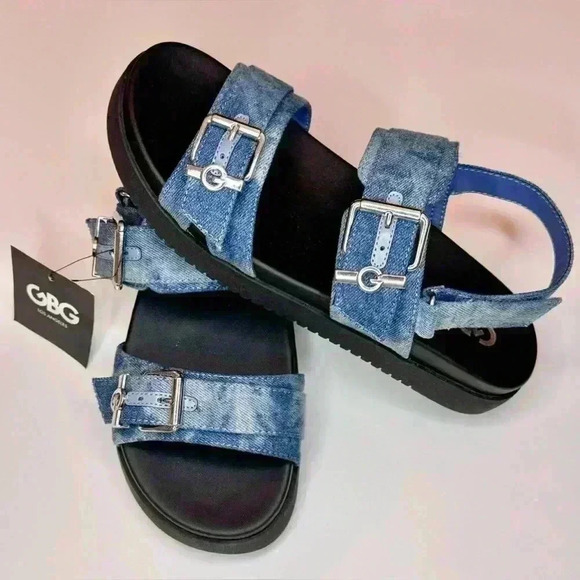 G by Guess Women’s Double Buckle Chunky Denim Sandals Size 8 - Picture 4 of 7